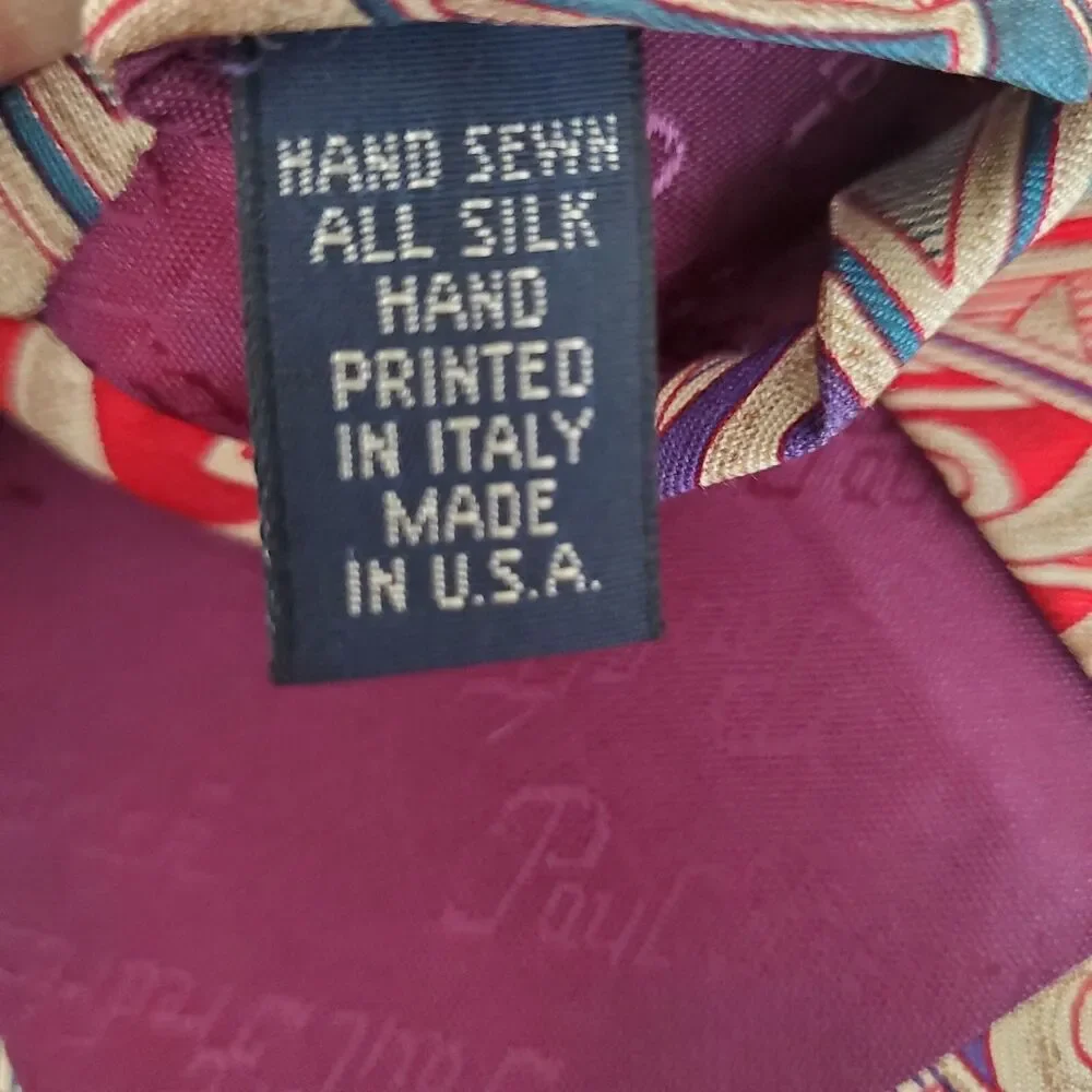PAUL FREDRICK Handmade in‎ USA 100% Silk Men's Abstract Tan Red Green Necktie